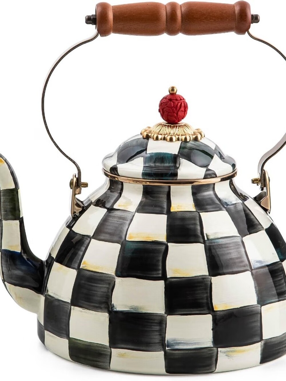 MACKENZIE-CHILDS Tea Kettle, 3 Quarts, Black-and-White Courtly CheckHand-paint - Picture 3 of 6
